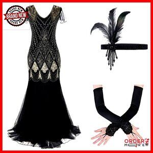Vintage 1920s Sequin Flapper Dress Maxi Evening Gown Gatsby Party Costume